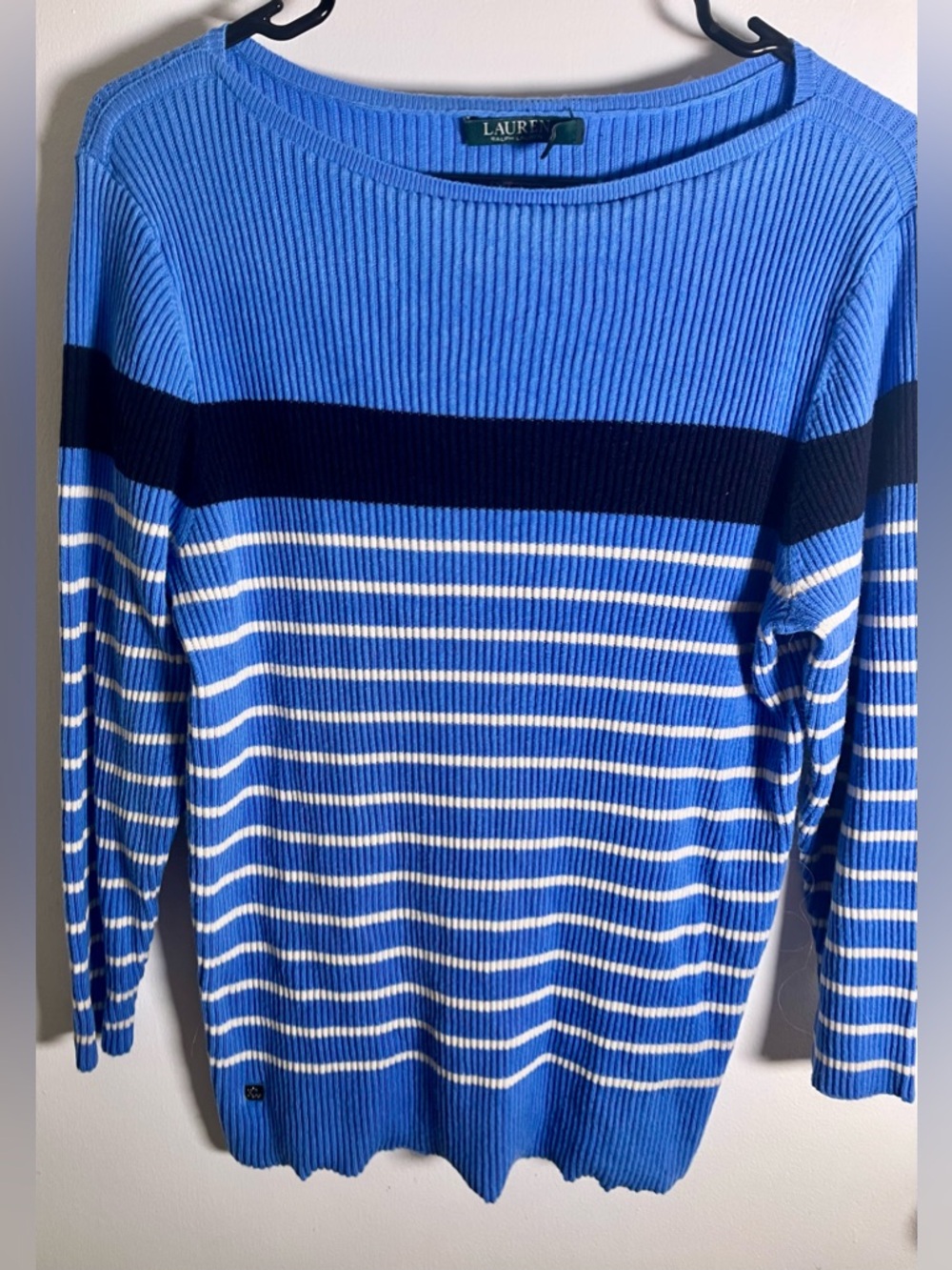 Lauren Ralph Lauren Blue and Navy Striped Ribbed Crewneck Sweater